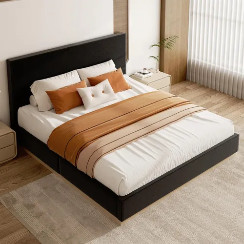 Vista 7 de Base de cama de plataforma tamaño Queen con cabecero, cama de terciopelo con listones de madera, base de colchón resistente, opción de somier, sin