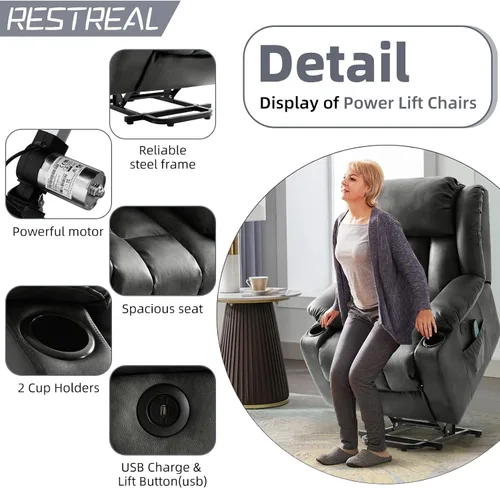 Vista 5 de Silla reclinable eléctrica para personas mayores, sillas reclinables eléctricas para adultos con masaje y calor, portavasos, control remoto, puertos