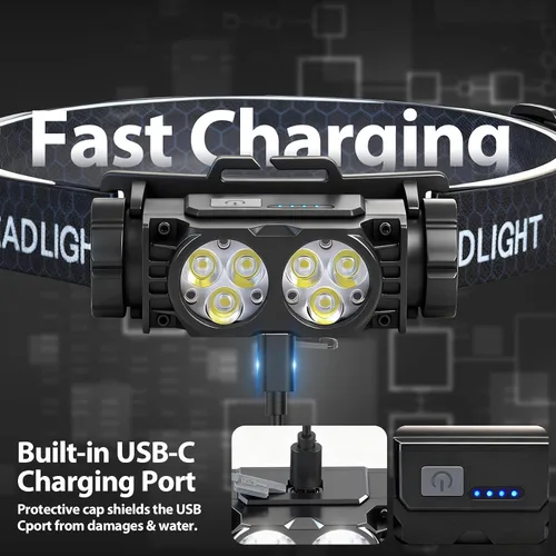 Vista 4 de Paquete de 6 faros recargables, 5000 L, luz LED súper brillante, recargable, 3 modos, linterna desmontable y lámpara de cabeza impermeable
