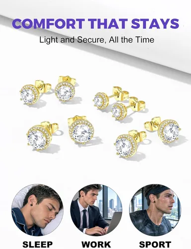 Vista 4 de Richsteel Aretes de circonita cúbica para hombre, postes de plata de ley Dorado Plateado