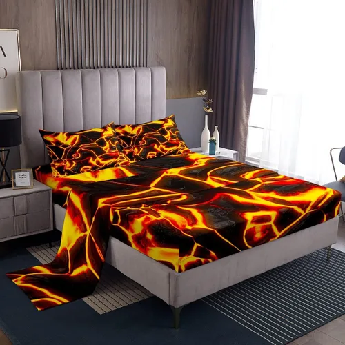Vista 2 de Erosebridal Sábana bajera ajustable de fuego negro y amarillo, tamaño individual, juego de sábanas de llama de desastre natural para niños