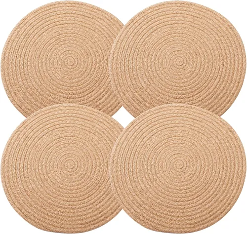 Vista 6 de Juego de 4 manteles individuales tejidos de yute, manteles individuales redondos trenzados, cuerda de yute natural, cargadores de platos grandes