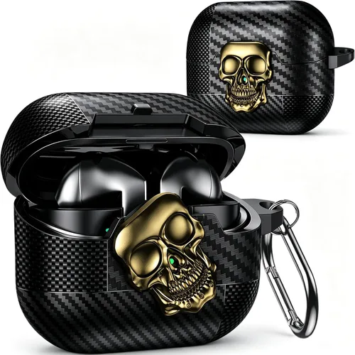 Vista 22 de Funda para AirPods Pro de 2ª generación, calavera con cerradura y llavero para hombres, divertida fibra de carbono de cuerpo completo, a prueba