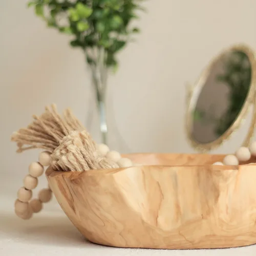 Vista 4 de Cuenco de madera, cuencos de madera hechos a mano con guirnalda de cuentas de madera, natural, frutero, cuenco para llaves para decoración, 8 a 10