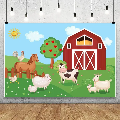 Vista 2 de Renaiss Fondo de animales de granja de 5 x 3 pies, diseño de dibujos animados, puerta de granero roja, granjero, granja, granja, fotografía, fondo