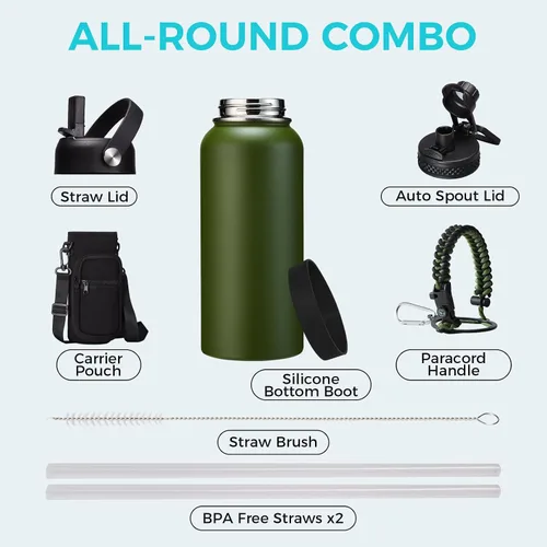 Vista 2 de Botellas de agua de 32 onzas aisladas con pajita y tapa para beber de un sorbo, asa de paracord, bolsa de transporte con correa, termo de triple