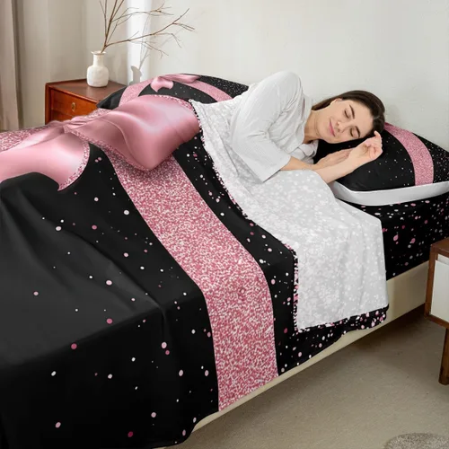 Vista 2 de Castle Fairy Juego de sábanas con lazo, juego de sábanas de diamante con purpurina para niños, juego de ropa de cama rosa y negro para niños
