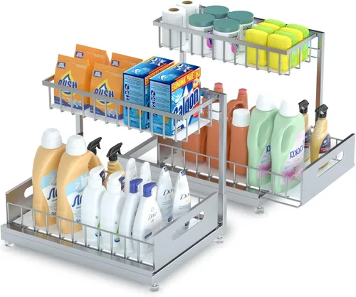 Vista 17 de Saydear Organizador de almacenamiento para debajo del fregadero, organizador de armario de cocina extraíble de 2 niveles con cajón deslizante, Negro