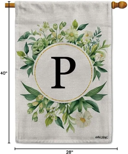 Vista 8 de Monogram Initial Letter P House Flag Flower Wreath Simple Style Letter Flag 28x40 Inch Vertical Double Sided for Outdoor Yard Decor