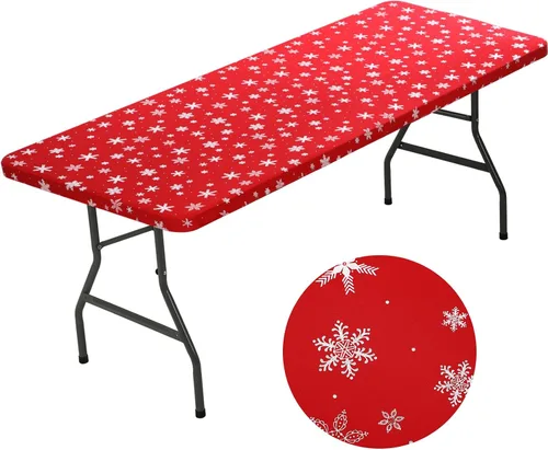 Vista 9 de Mixweer 1 Pza Mantel de Copo de Nieve Borde Elástico Ajuste Ceñido Rectangular Cubierta de Mesa Plegable 6 Pies, 30 x 72'' Tela de Poliéster