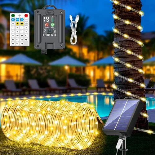 Vista 11 de Nuevas luces de cuerda solares mejoradas para exteriores, impermeables, 32m, 300 LED, luces de tira solares con control remoto, temporizador