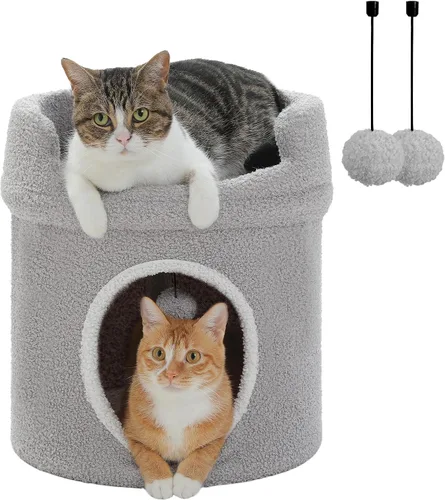 Vista 9 de PETEPELA Camas para gatos de 2 niveles para gatos de interior, casa pequeña en árbol para gatos con cama extraíble, bonita cueva escondida