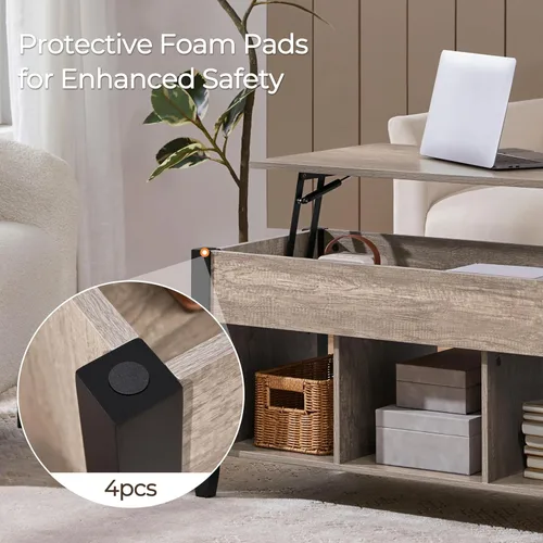 Vista 8 de Yaheetech Mesa auxiliar gris, mesa de centro elevable con compartimento oculto y estante, mesa de comedor elevable para sala de estar, recepción