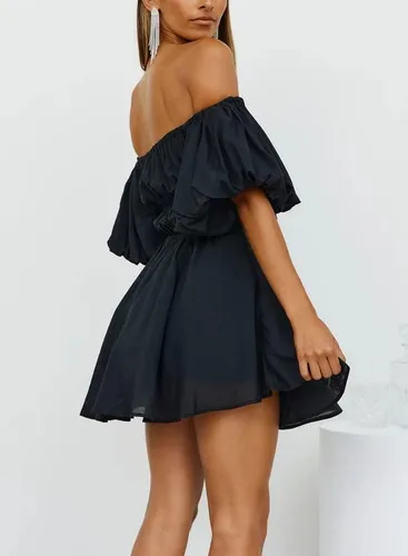 Vista 5 de Dokotoo Vestidos de verano para mujer, con hombros descubiertos, manga corta farol, con volantes, cintura elástica, acampanado, minivestido casual