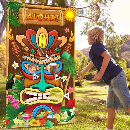 Vista 4 de Luau Party Games Hawaiian Tiki Party Toss Games Banner con 3 bolsas de frijoles, decoración de tótem para suministros de carnaval tropical de verano