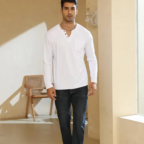 Vista 4 de Camisetas casuales de moda para hombre, de manga larga, básicas, con botones, Henley, cuello liso con muesca y bolsillo