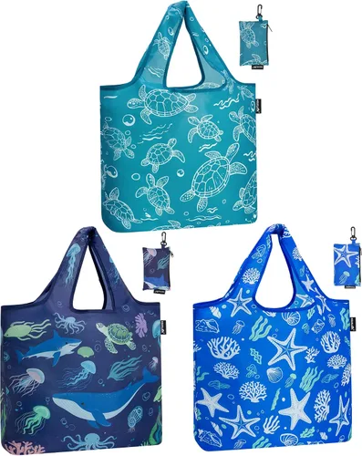 Vista 10 de HOLYLUCK Bolsas de comestibles reutilizables, bolsa de compras plegable resistente (estándar, 3 huellas de patas de perro azules)