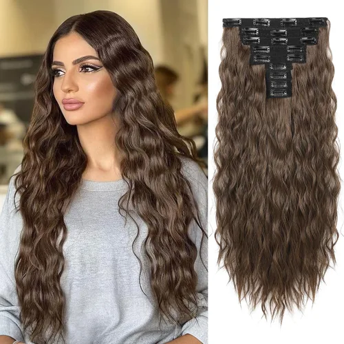 Vista 11 de REECHO Extensiones de cabello con clip, 5 piezas, de 24 pulgadas, de color rubio ceniza, extensiones de cabello con ondas largas y sueltas, HE002