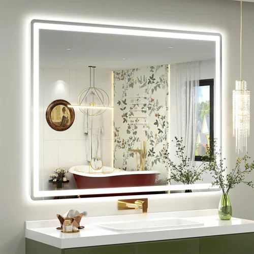 Vista 21 de SMIROR Espejo de baño LED con luces de 22" x 30", espejo de tocador rectangular redondeado iluminado para pared, iluminado frontal y retroiluminado