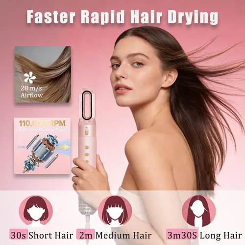 Vista 4 de Cepillos de cabello de aire caliente 6 en 1 y cepillo de soplado - Cepillo secador de pelo de 110,000 RPM - Cepillo secador de cabello - Secado