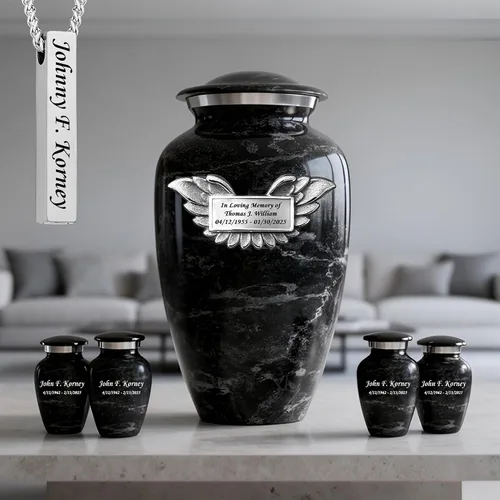 Vista 22 de Set of 6 Cremation Urns for Human Ashes Includes 1 Large Urn with 4 Small Keepsakes & 1 Silver Necklace - Black Marble