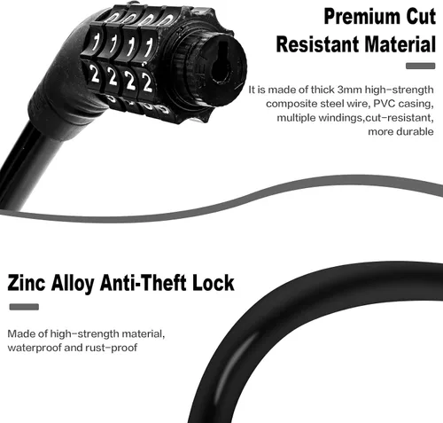 Vista 10 de Cable de bloqueo de bicicleta, accesorios para bicicleta, cerraduras de bicicleta resistentes antirrobo, cerradura de cable de combinación