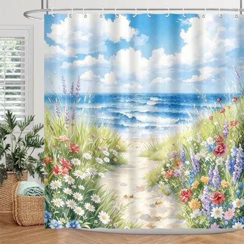 Vista 6 de Cortina de ducha de playa, primavera, costera, playa, mar, océano, floral, naturaleza, paisaje, acuarela, camino de flores silvestres, playa Playa