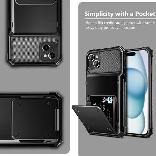 Vista 5 de Vofolen Funda compatible con iPhone 15 con soporte para tarjetas, funda de doble capa de 4 tarjetas, resistente a prueba de golpes, ranura