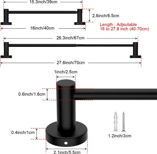 Vista 2 de Toallero de baño ajustable negro mate de 16 a 27.6 pulgadas, toallero individual de acero inoxidable 304, soporte para toallas montado en la pared