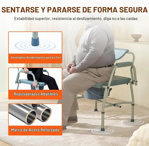 Vista 3 de VEVOR - Asiento elevado para inodoro, altura ajustable con 5 niveles, diseño de brazo abatido, respaldo desmontable, cubo fácil de limpiar de 7L