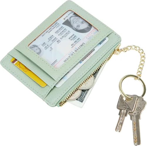 Vista 3 de Tarjetero delgado minimalista para mujer, monedero, monedero, llavero con bolsillo frontal con ventana de identificación