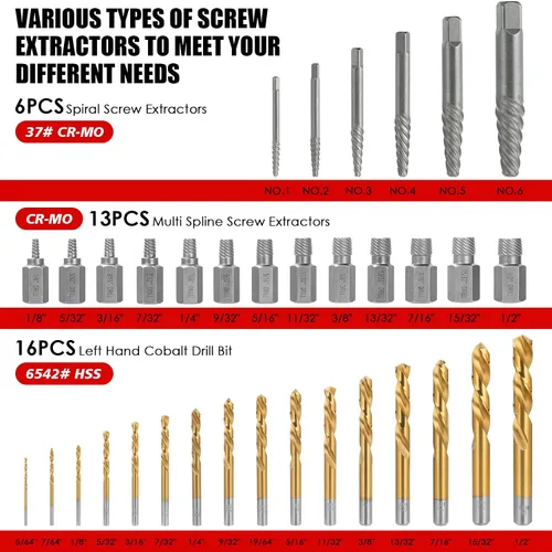 Vista 2 de Juego de 35 piezas de extractor de tornillos, broca de mano izquierda inversa de Cr-Mo 37# y 6542#, kit de extracción de tornillo Allen de múltiples