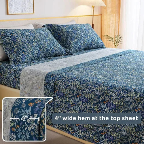 Vista 5 de QSH 100% Sábanas de algodón para cama tamaño Queen - Estampado floral azul de plantas patrón botánico lujoso de algodón estampado floral ropa