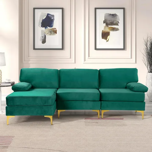Vista 29 de Sofá modular moderno en forma de L, con diván extra ancho y patas doradas Gris