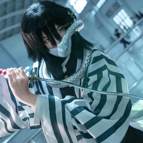 Vista 2 de Obanai - Peluca corta para cosplay, pelucas de guerrero anime de demonio Negro Obanai