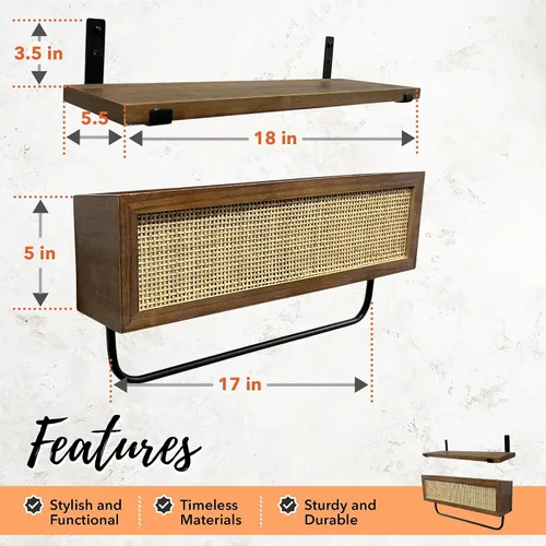 Vista 2 de Autumn Alley Estantes flotantes orgánicos modernos para baño, estantes sobre el inodoro con cesta de ratán, organizador de bastones, almacenamiento