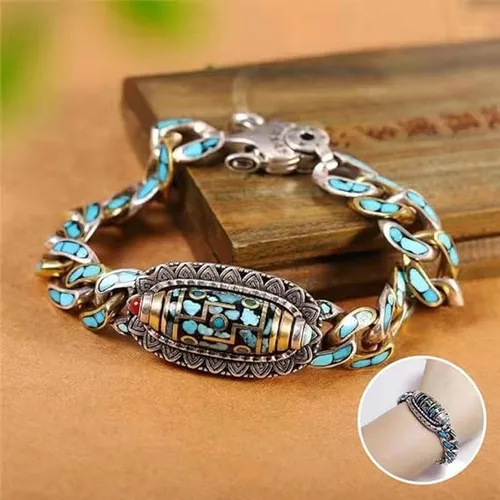 Vista 7 de UBALDI Turquesa Seis caracteres Mantra Nueve Ojos Dzi Bead Bracelet, Pulsera de cuentas de mantra de seis caracteres, Transferencia