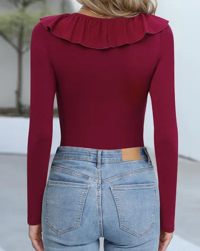 Vista 4 de MANGOPOP Lindo body de manga larga con cuello cuadrado y tirantes para mujer