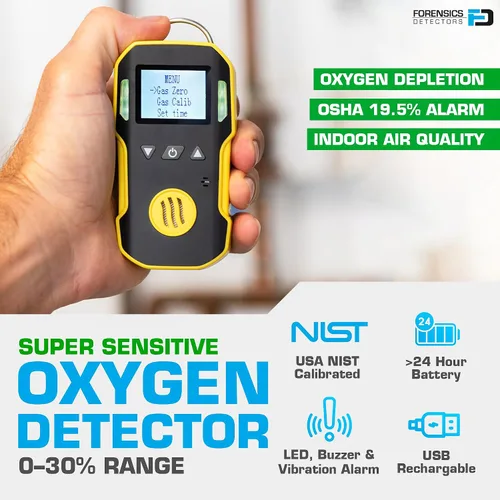 Vista 2 de Detector de oxígeno de Forensics Calibración y certificado NIST de EE. UU. A prueba de polvo y explosiones Recarga USB Alarmas de sonido