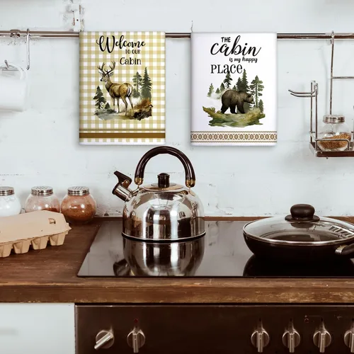 Vista 6 de Buryeah Juego de 4 toallas de cocina de cabaña de 23.6 x 16 pulgadas, diseño de oso de vida silvestre, ciervo, oso, decoración rústica, suave