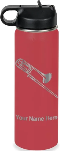 Vista 9 de LaserGram Botella de agua personalizada, trombón, acero inoxidable de doble pared aislada al vacío con popote superior, regalo grabado personalizado