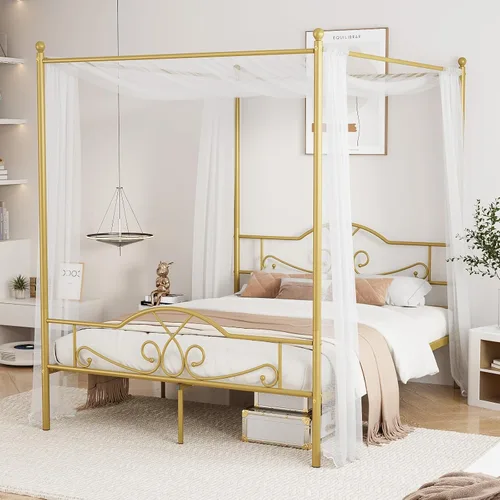 Vista 14 de Weehom - Estructura de cama con dosel individual, con cabecero y pie de cama, cortinas de cuatro postes de metal, diseño de plataforma de cama