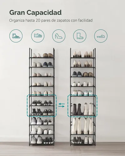 Vista 5 de SONGMICS Zapatero, estante de zapatos de 10 niveles, organizador de almacenamiento de zapatos, 11 x 17.7 x 68 pulgadas, marco de metal, estantes