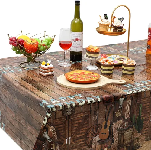 Vista 6 de BBTO 3 manteles occidentales para decoración de fiesta de cumpleaños, mantel de feliz cumpleaños del oeste, mantel de plástico occidental