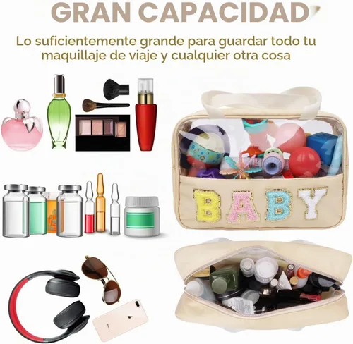 Vista 4 de Iqimott Bolsa de bebé con parche de letras de chenilla, bolsa de cosméticos transparente para maquillaje, bolsa grande de almacenamiento