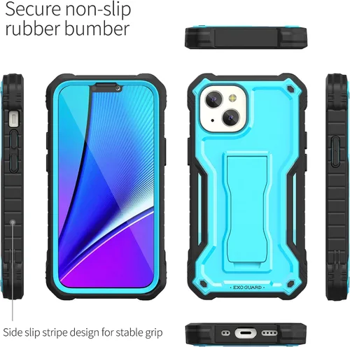 Vista 4 de ExoGuard Compatible con iPhone 13 Mini, funda de goma a prueba de golpes de cuerpo completo con protector de pantalla de vidrio templado, soporte