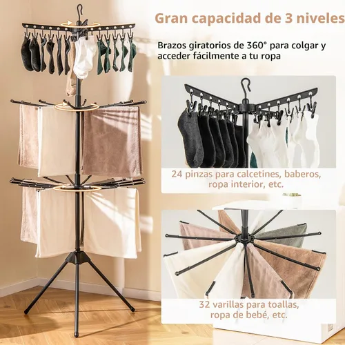 Vista 6 de Giantex Trípode de secado de ropa, estante de secado de ropa plegable independiente de 3 niveles con 24 clips y 32 varillas, soporte de secado