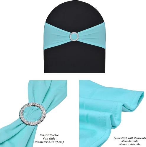 Vista 2 de 10 bandas elásticas de elastano azul turquesa, mano de obra de doble costura, bandas para cubierta de silla con hebilla deslizante para boda