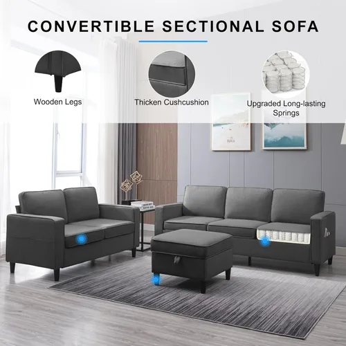 Vista 7 de PUREMIND Juego de sofá de 2 piezas para sala de estar, moderno sofá en forma de L y sofá biplaza con otomana de almacenamiento y bolsillo lateral