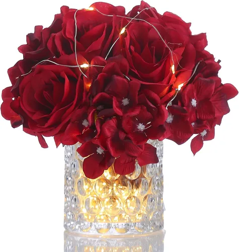 Vista 10 de Arreglo floral de seda de rosas artificiales en jarrón de vidrio con luz LED, elegante centro de mesa para el hogar, boda, baño, mesa, estante